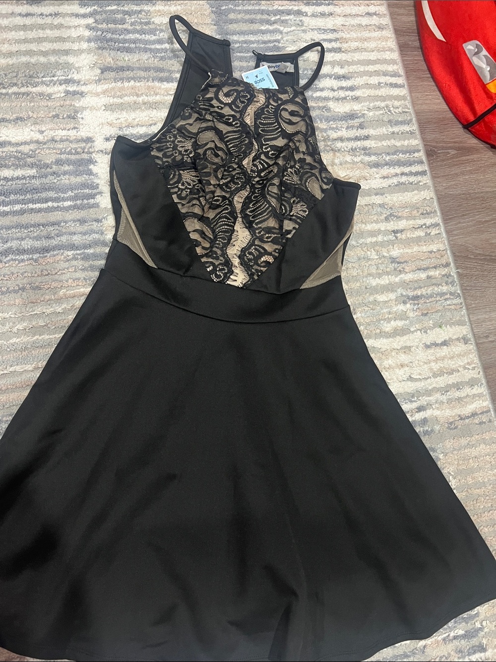 Black Lace-Front Halter Mini Dress with Sheer Insets